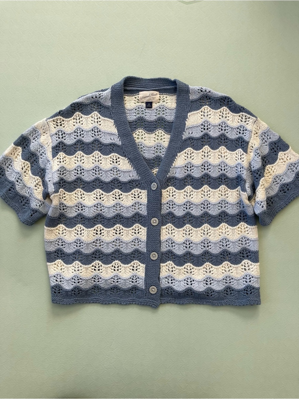 Crocheted Blue & Cream Striped Button Front Short-Sleeved Cardigan